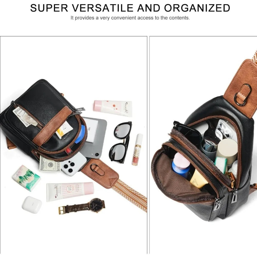 Sling Bag For Women Men Backpack Fanny Pack Crossbody Chest Travel Shoulder Belt Bags Purse Handbag PU Leather