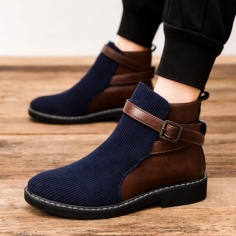 High-top Chelsea Boots, Multi-color Belt Buckle Men's Boots, Pointed-toe Large-sized Retro British Style Men's Boots