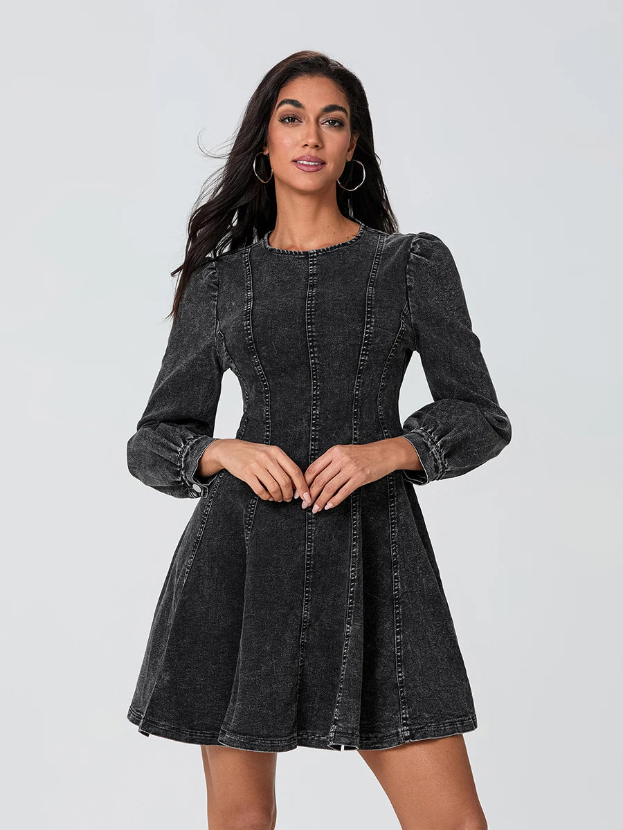 Elegant Women s Fall Denim Dress with Long Sleeves O Neck and Smocked Waist - Stylish A-line Mini Dress in Solid Color