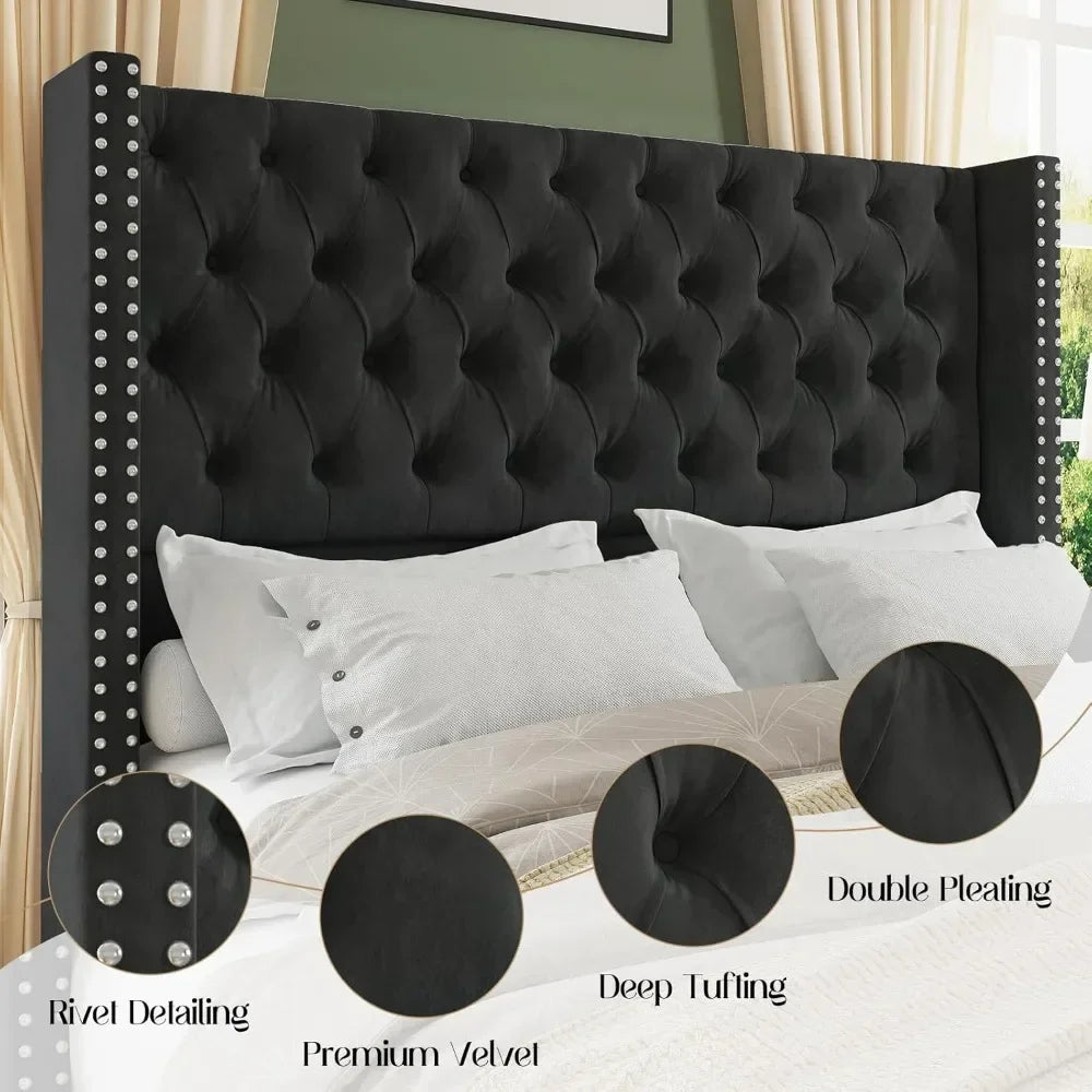 Upholstered Bed Frame with Tall Headboard Wingback Platform Bed Tufted Deep Button Velvet/No Box Spring Needed/Easy Assembly