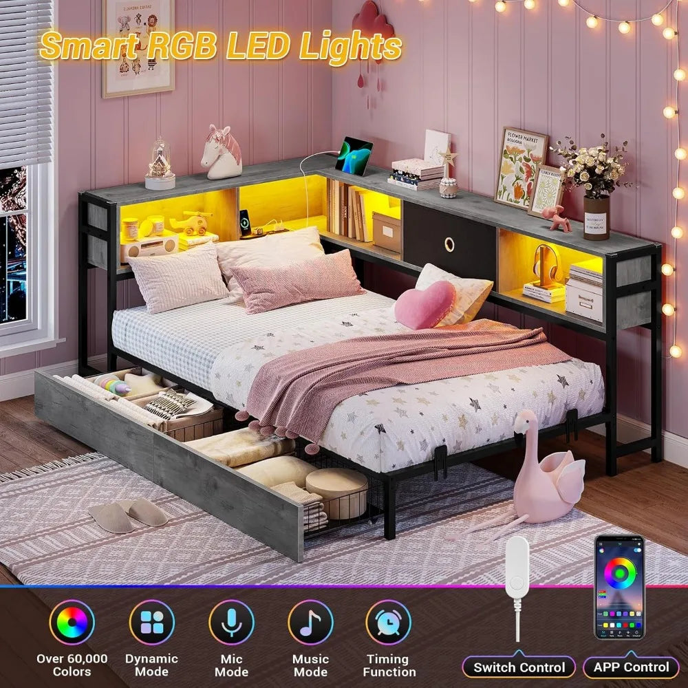 Corner Bed Frame with Storage Bookcase, Twin Daybed with Storage Drawers Underneath, Kids Bed Unit with Charging Station