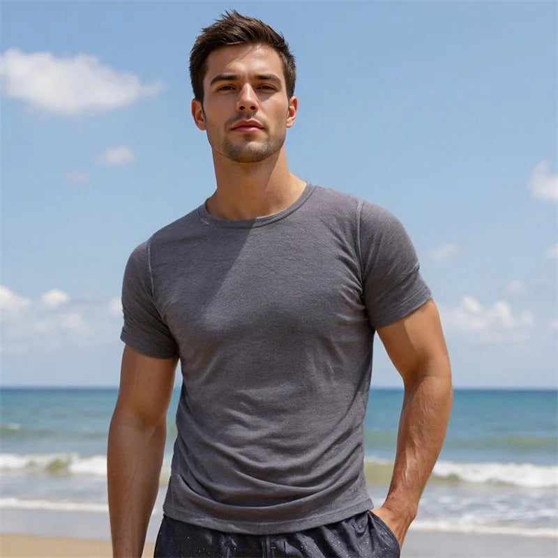 Men s Reversible Round Neck Short Sleeve T-Shirts with Stitching Detail - Casual  Fit Tops for Summer Fashion