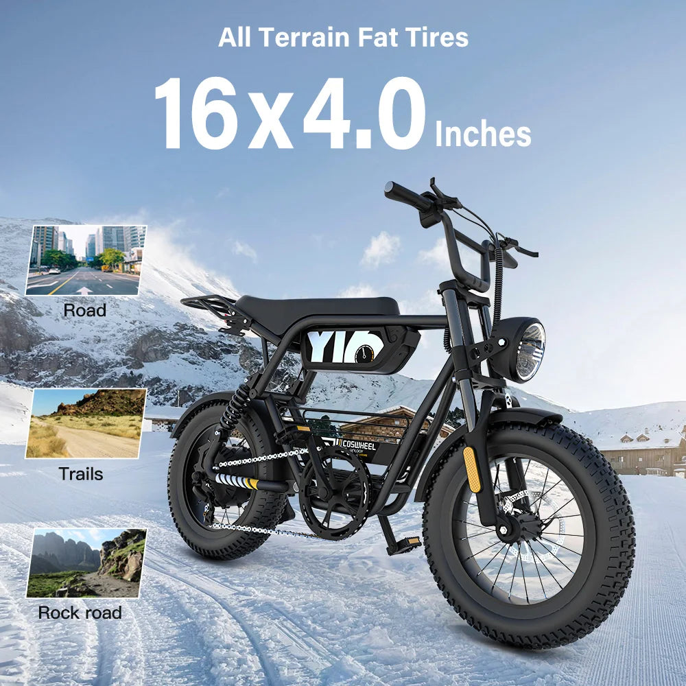 COSWHEEL Electric Bike Y16 1000W Moped Style Ebike 48V 15Ah Max Range 52 Miles Commuting Electric Motorcycle Mountain E-Bike