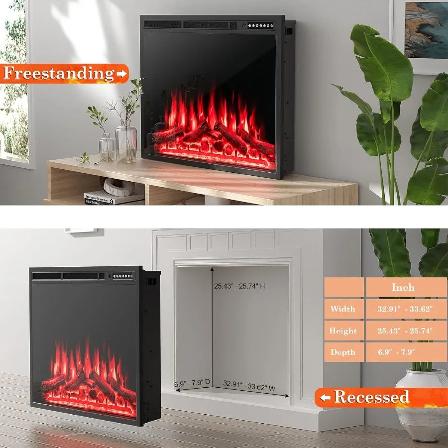 34 Inches Electric Fireplace Inserts with 5100 BTU Heating Capacity for Indoor Living Room or Bedroom Use Recessed or Freestand