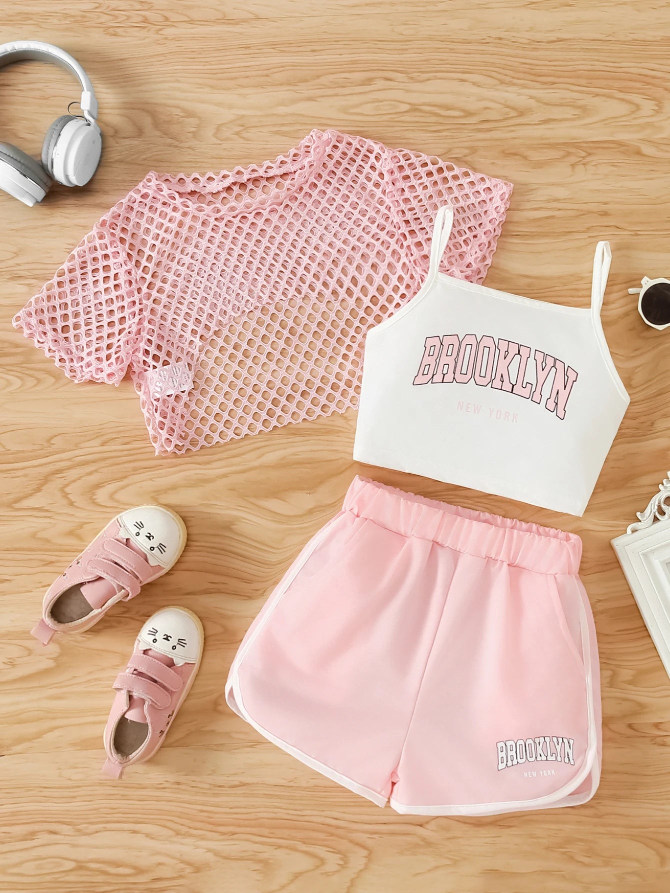 Girls Three-Piece Clothing New Breathable Summer Thin Fashion Short-Sleeved Mesh Top + Letter Printed Short Vest Suspender + Letter Printed Sports Shorts