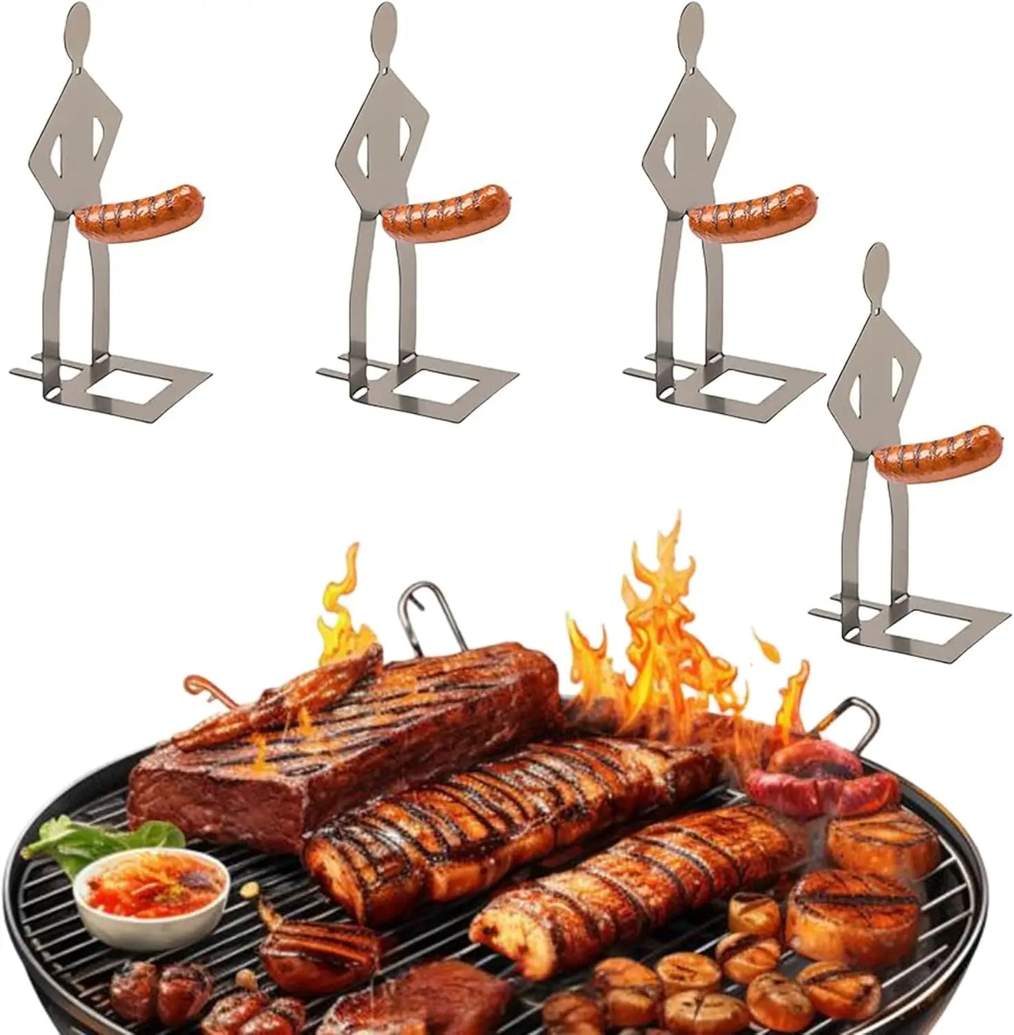 4 PCS Hot Dog Sausage Stand Holder Standing Man Sausage Barbecue Rack Reusable Stainless Steel Hotdog and Sausage Stand