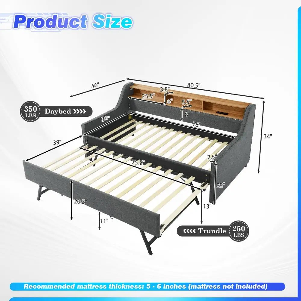 Twin Daybed w/Pop Up Trundle & Wireless Charger, Upholstered Sofa Day Bed Frame w/LED/USB/Type C/Storage Headboard