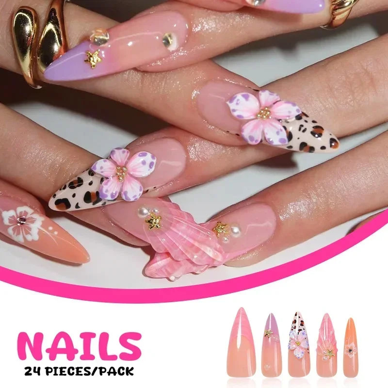 24Pc Leopard Print French False Nails Long Stiletto Press on Nails with Steel Ball Fake Nail Sweet Cool Detachable Nail Tips Art