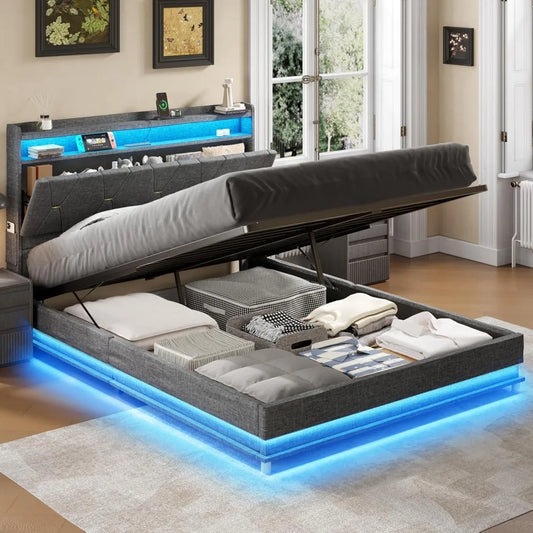 Fameill Full Size Lift Up Storage Bed Frame, Storage Headboard with Charging Station, LED Lights Upholstered Platform Bed, No Bo