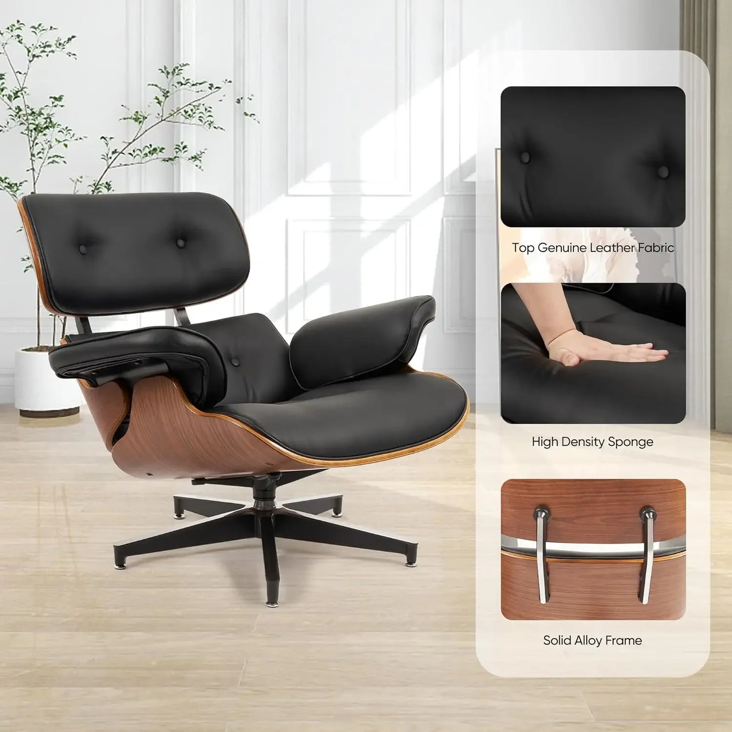 Top PU Leather Lounge Chair with Ottoman, Comfy Recliner with Wide Armrest, Mid Century Modern Accent Chair
