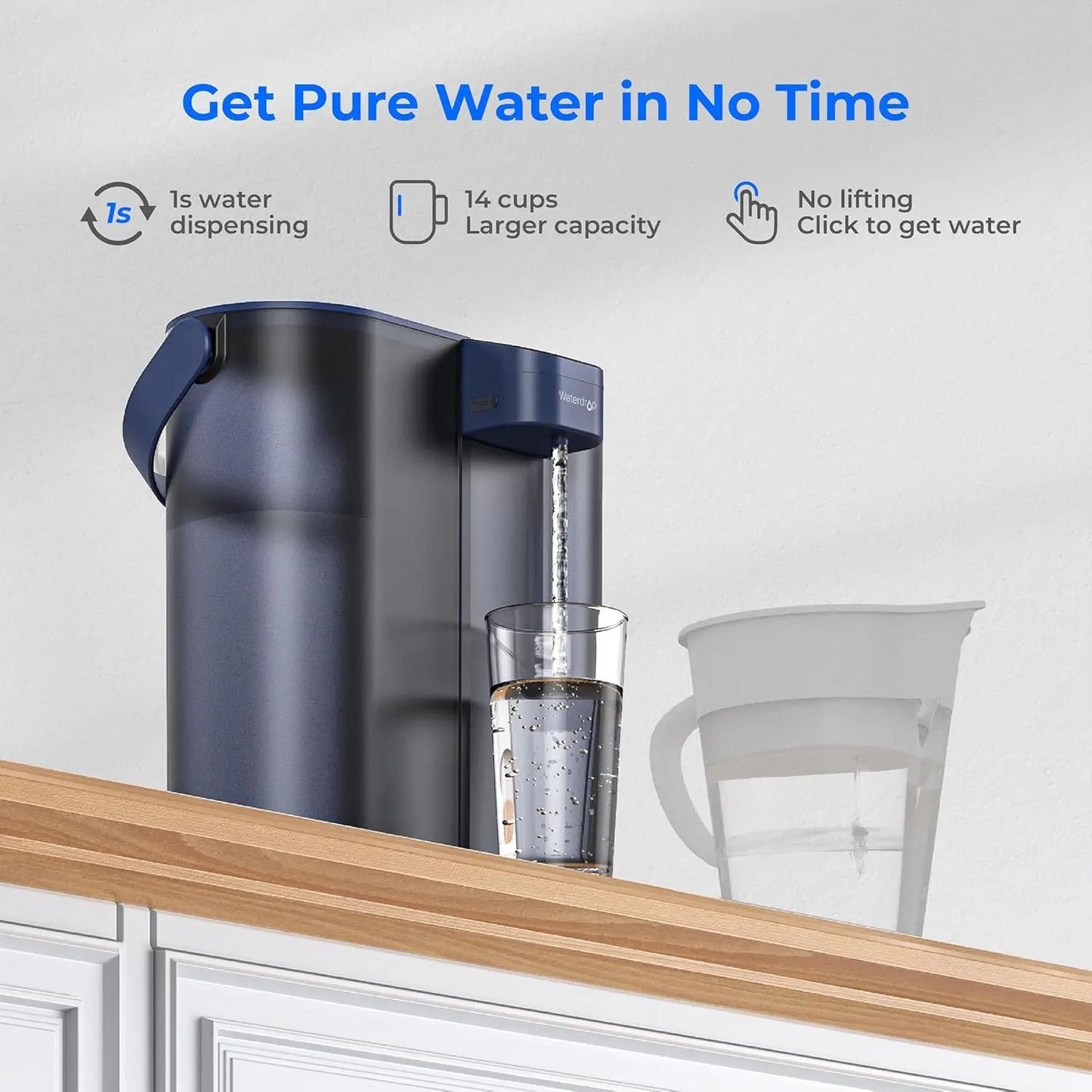Waterdrop Compact Electric Water Filter Pitcher, 200-Gallon Rechargeable Powerful Dispenser, NSF/ANSI 42&53&401, Reduce PFAS