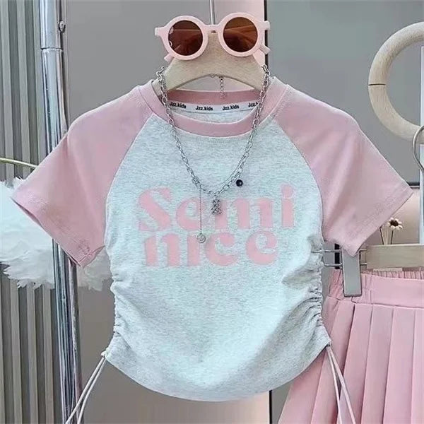 Short Sleeves Top Pleated Skirt 2-Piece Suits Children Girls Letter Print Clothes Kids Casual Sets Teens Summer T-Shirt Outfits