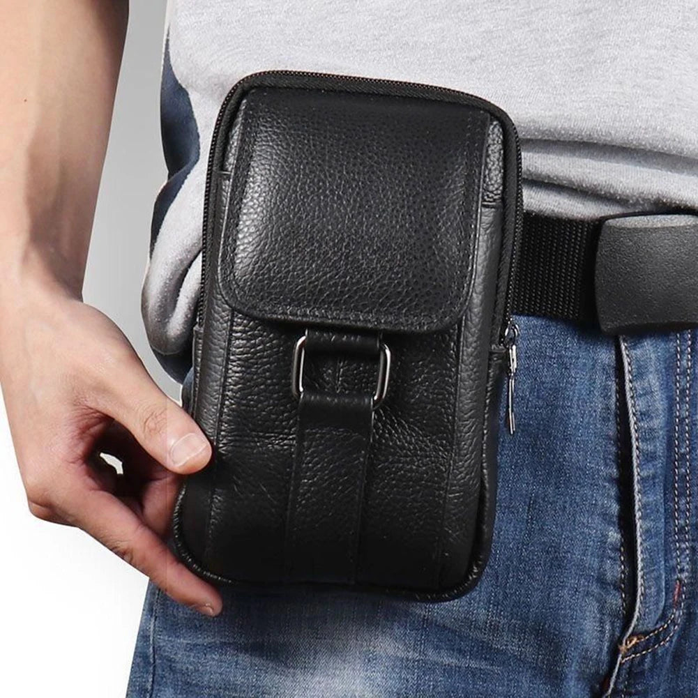 Portable Men Messenger Bags Cowhide Leather Cell Phone Belt Pack Fashion Simple Multi-pockets Casual for Outdoor Sport