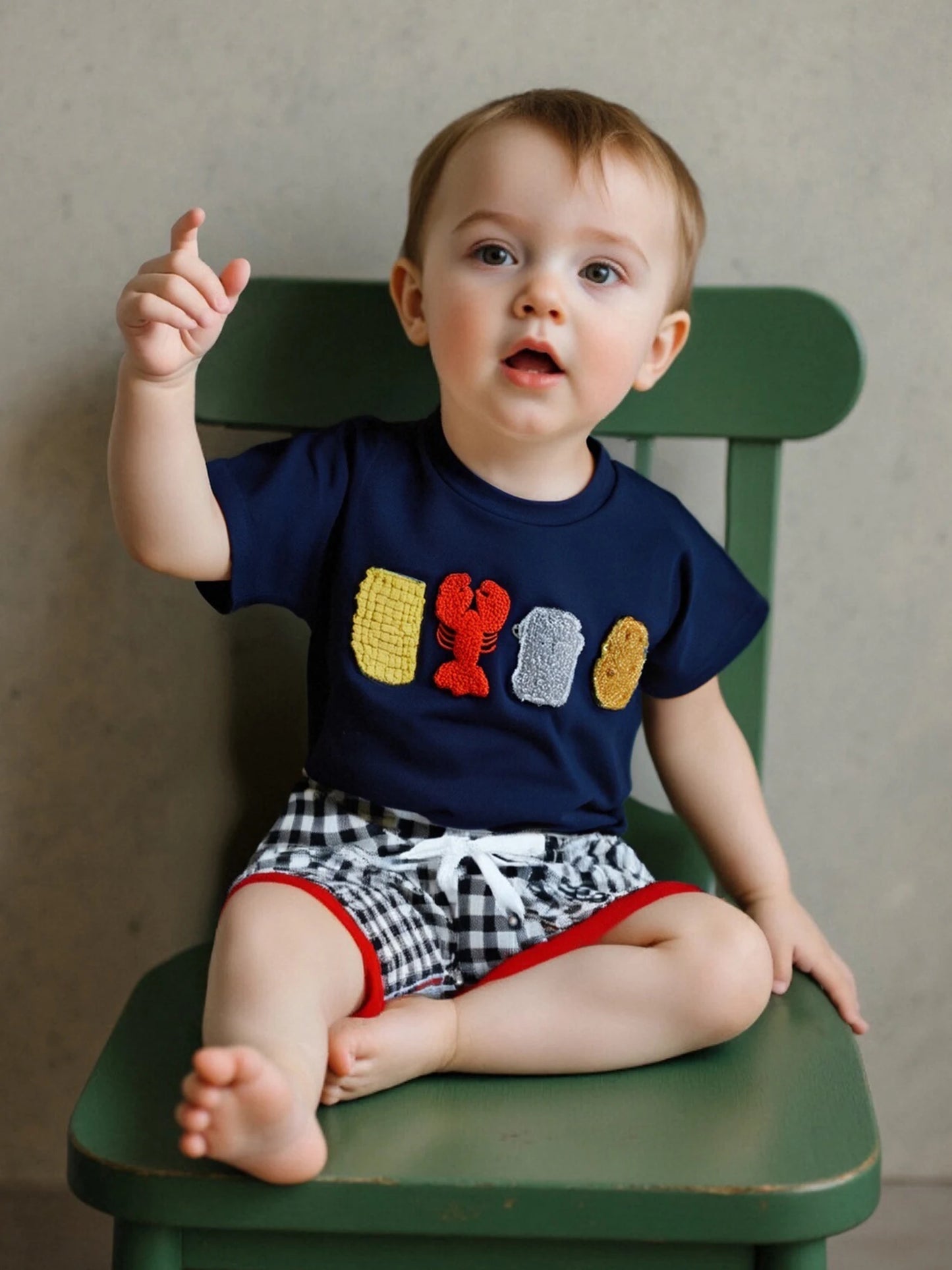 Boys Summer Outfit Set with Short Sleeve Lobster Embroidered Top and Plaid Drawstring Shorts O Neck Design for Comfort