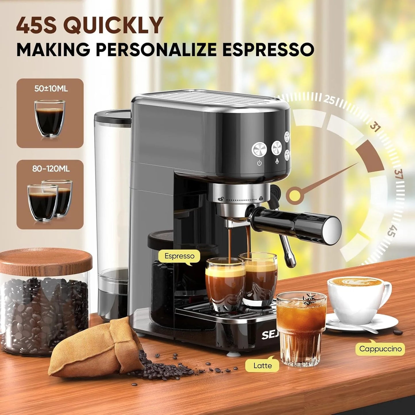 Sejoy Espresso Machine 20 Bar Espresso Coffee Maker Cappuccino Machine w/ Steam Wand
