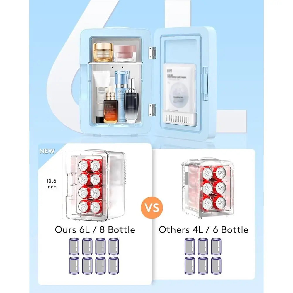 6L Mini Fridge with LED Mirror Cooler Warmer Ideal Skincare Makeup Snacks Bedroom Office Portable Chiller