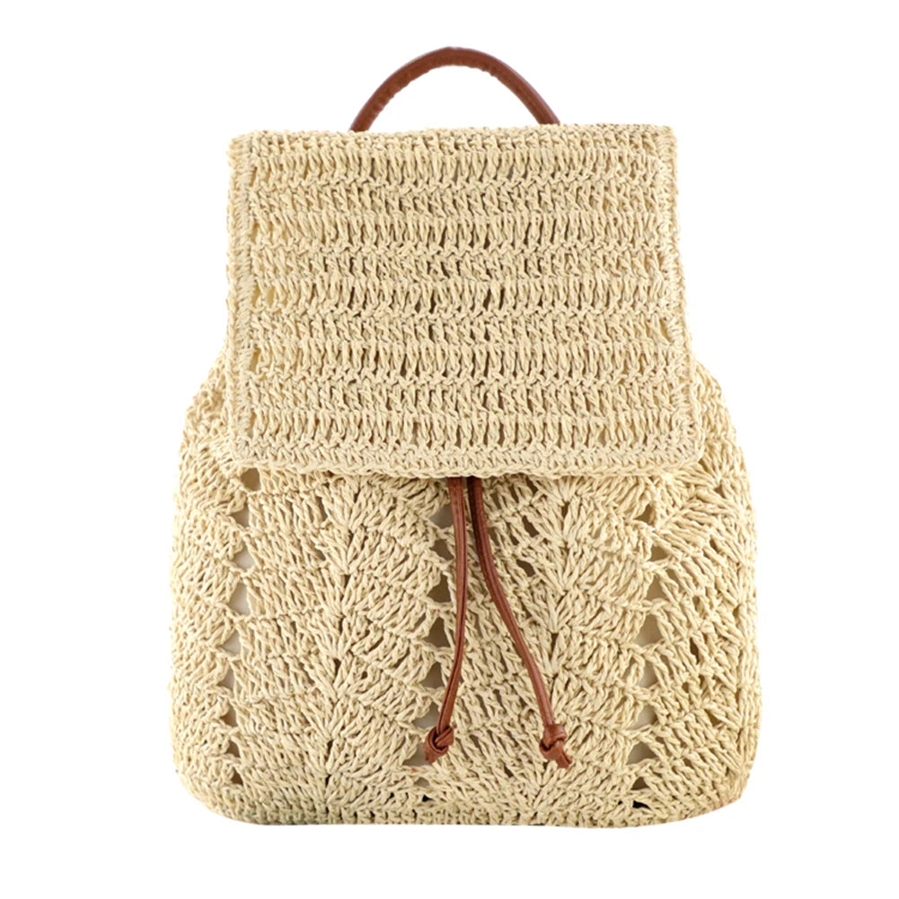 Women Straw Backpack Shoulders Bag Handmade Woven Casual Beach Top Handle Bag