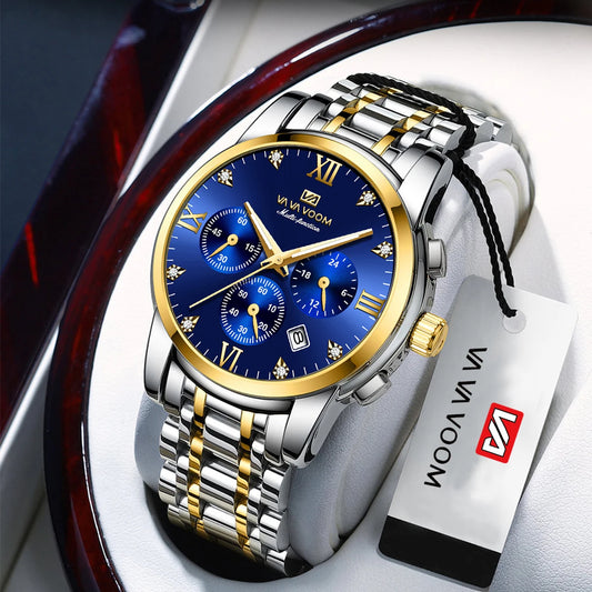 VA VA VOOM Men Multifunctional Watch Fashionable Stainless Steel Strap Blue Gold Gorgeous Rhinestone Clock Casual Sports Watches