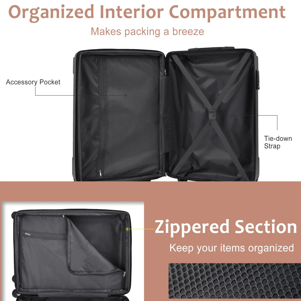 Luggage Sets 3 Piece Hard Shell ABS Lightweight Durable Suitcases with Double Spinner Wheels 20/24/28 Inch (Black Brown)