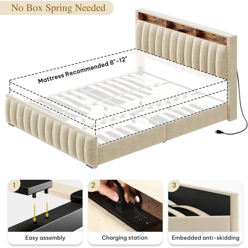 Queen Size Bed Frame with 4Storage Drawers and RGB LED Lights, Velvet Upholstered Platform Bed with Charging Station and Storage