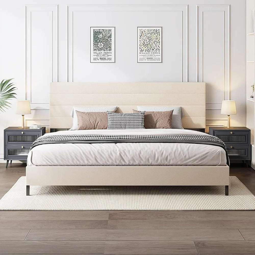 Bed Frame, Modern Upholstered Bed Frame King with Adjustable Linen Headboard, Wooden Slats Support Platform