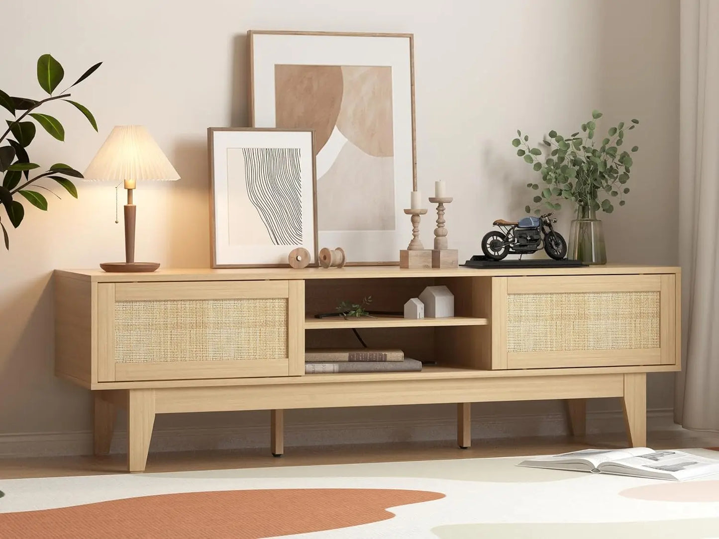 TV Stand for 55 65 Inch TV, Rattan Entertainment Center with Shelves, Cabinets and Sliding Doors, TV Media Console Table