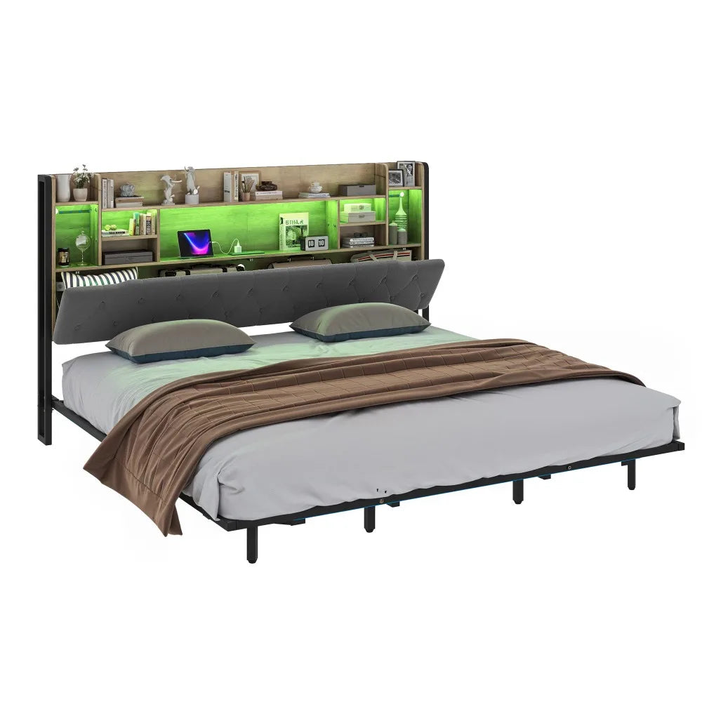 King Size Bed Frame Storage Headboard Include Smart LED Lights, Plug in Port, Easy Assembly, Bedroom Furniture Gray King Beds