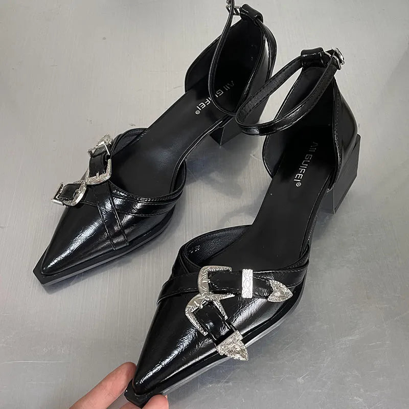 Women High Heels Shoes Ladies Sandals 2025 Pointed Toe Shallow Footwear Thick-Heeled Female Ankle Strap Shoes Fashion Pumps