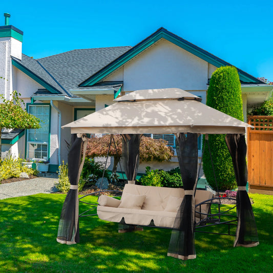 Outsunny 3 Seater Swing Chair 3-in-1 Convertible Garden Swing Seat Bed Gazebo Patio Bench Outdoor with Double Tier Canopy