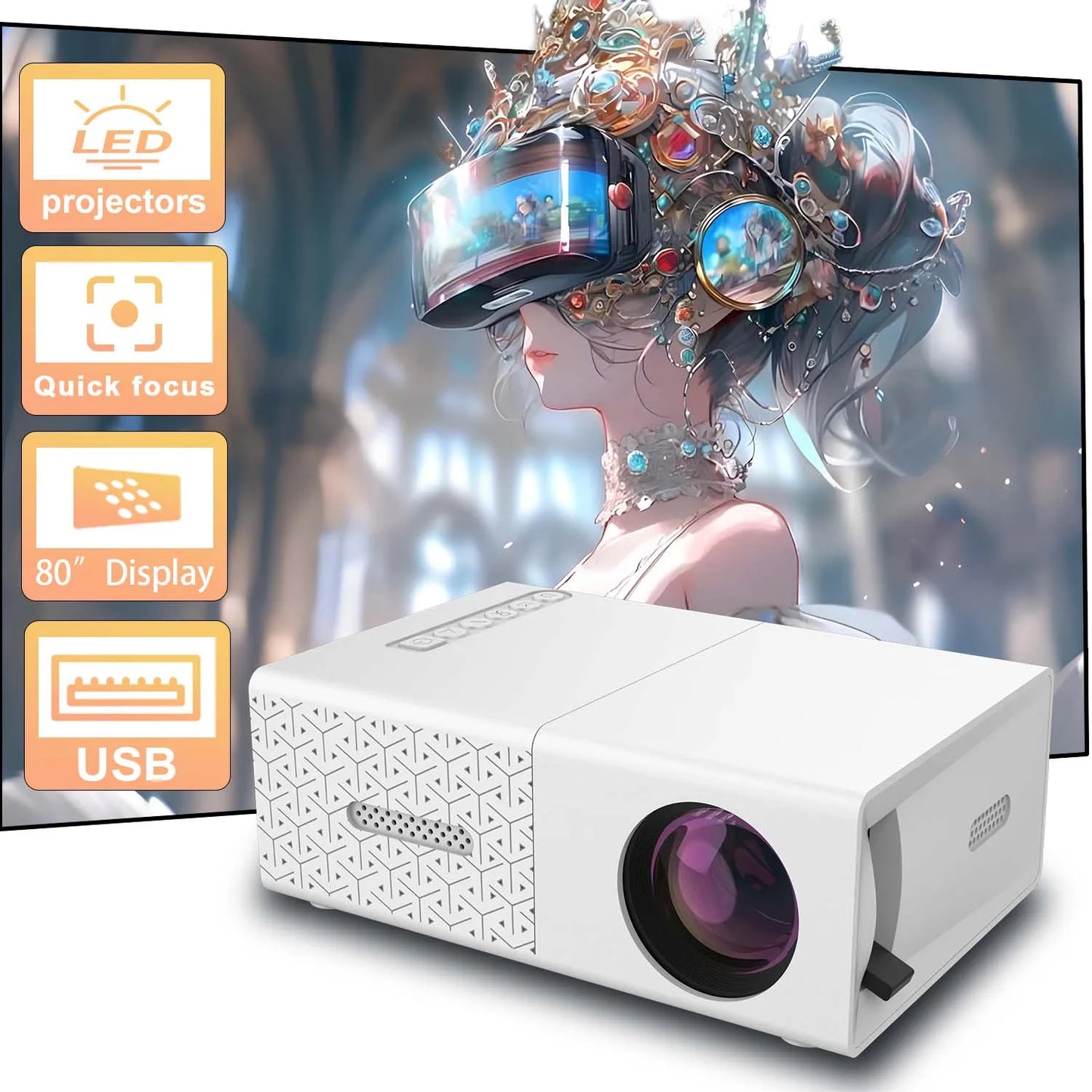 Projector Portable HD Projector, USB & HDMI Input, Compact Mini Home Theater Movie Video for Indoor Outdoor