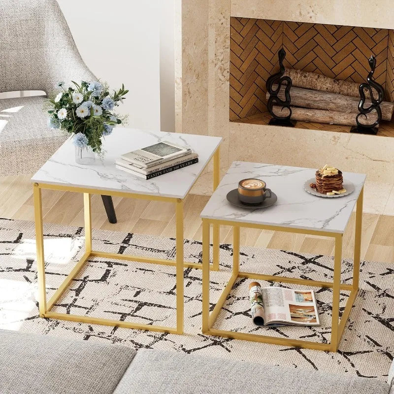 Coffee Table Set of 2, Modern Black Wooden Side Table, Metal Frame Square End Table, Center Tables,Nesting Coffee Table for
