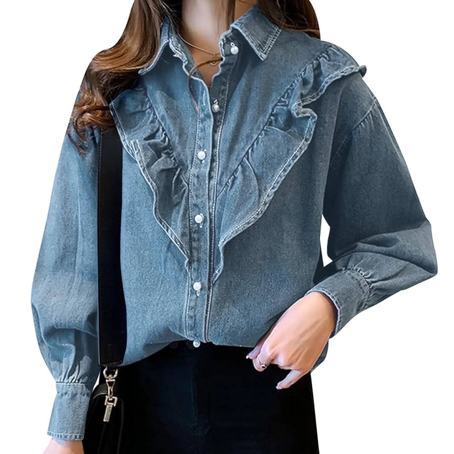 Women'S Casual Sweet Ruffled Denim Shirt Loose Thin Long-Sleeved Blouse Jacket Korean Style Y2k Ruffles Neck Vintage Denim Shirt