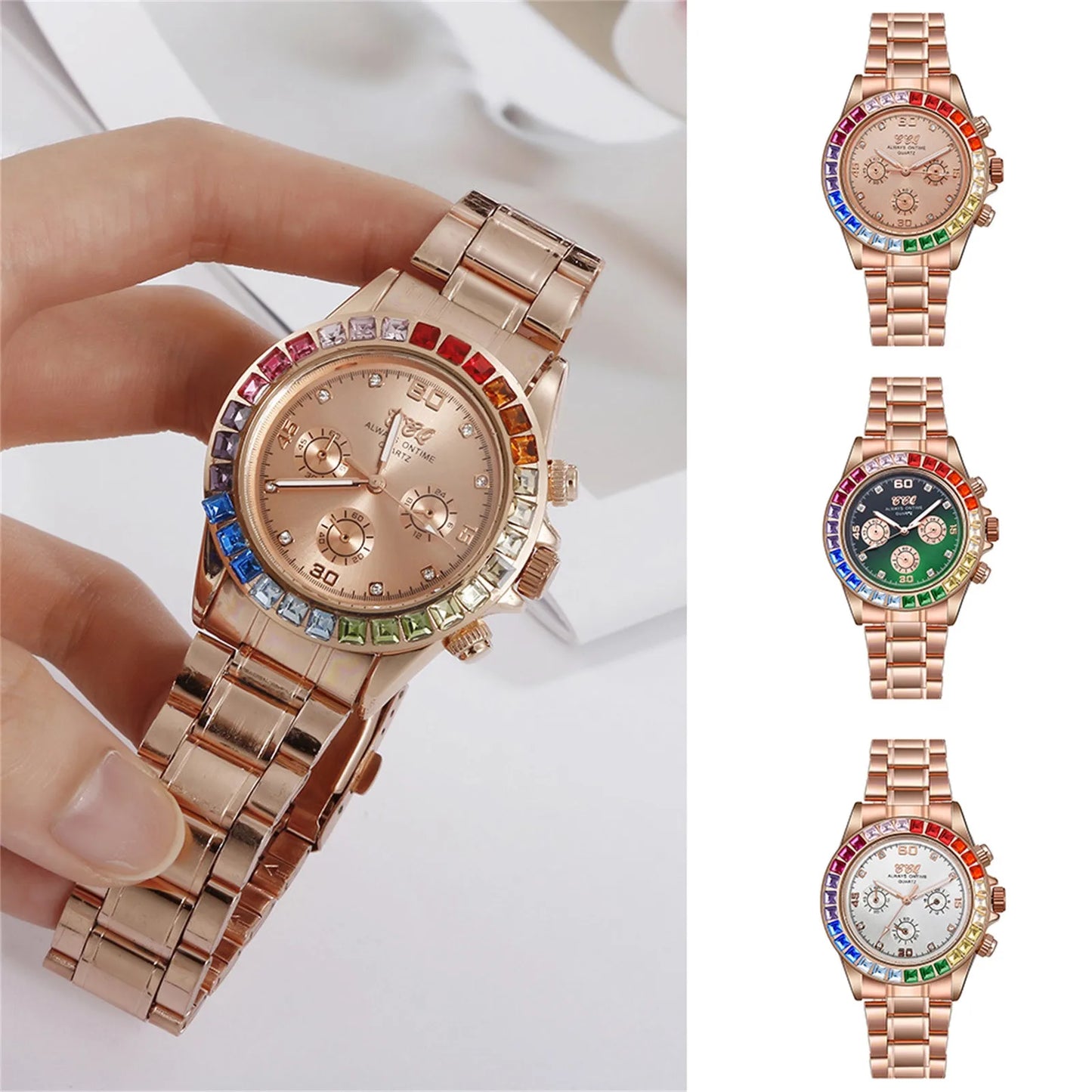 Colored Diamond Men'S Quartz Watch Stainless Steel Colored Rhinestone Men'S Watch Three-Eye Square Diamond Watch Montres Hommes