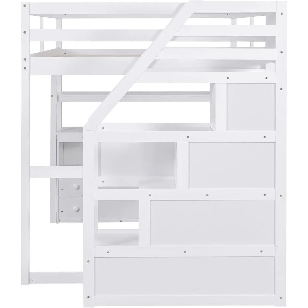 Harper & Bright Designs Full Size Loft Bed Frame with Stairs and Desk, Solid Wood Loft Bed with Storage Drawers and Bookshelf fo
