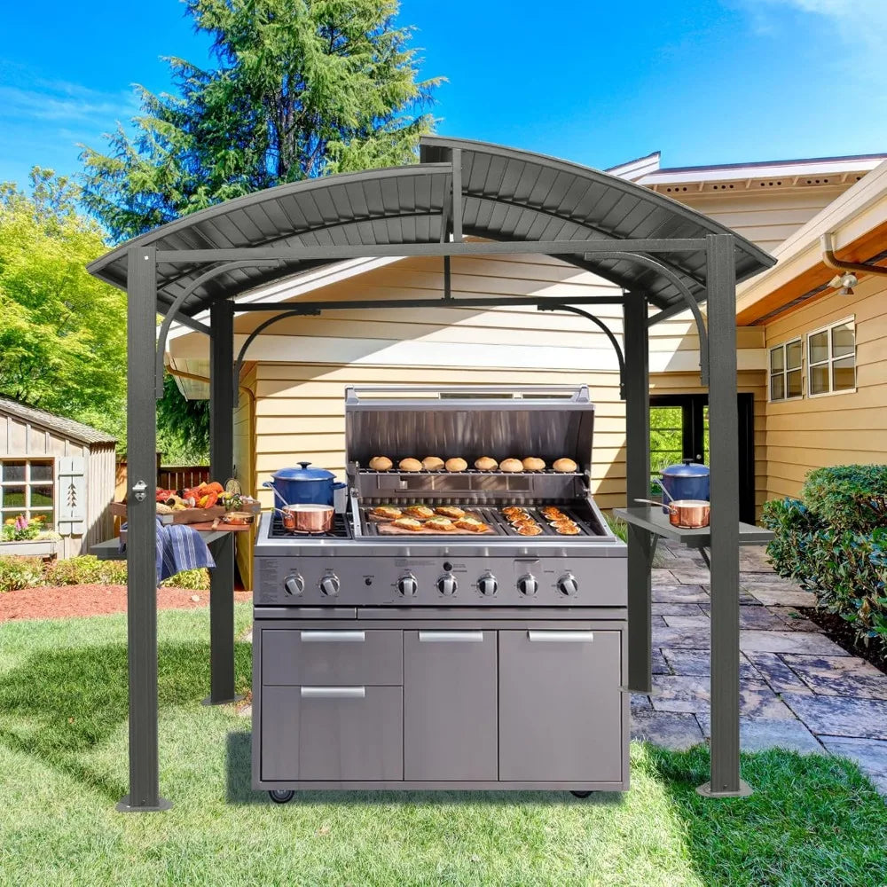 Domi Hardtop Grill Gazebo 8x5FT, Grill Canopy for Outdoor Grill w/Double Galvanized Steel Roof and 2 Side Shelves, BBQ Gazebo Gr