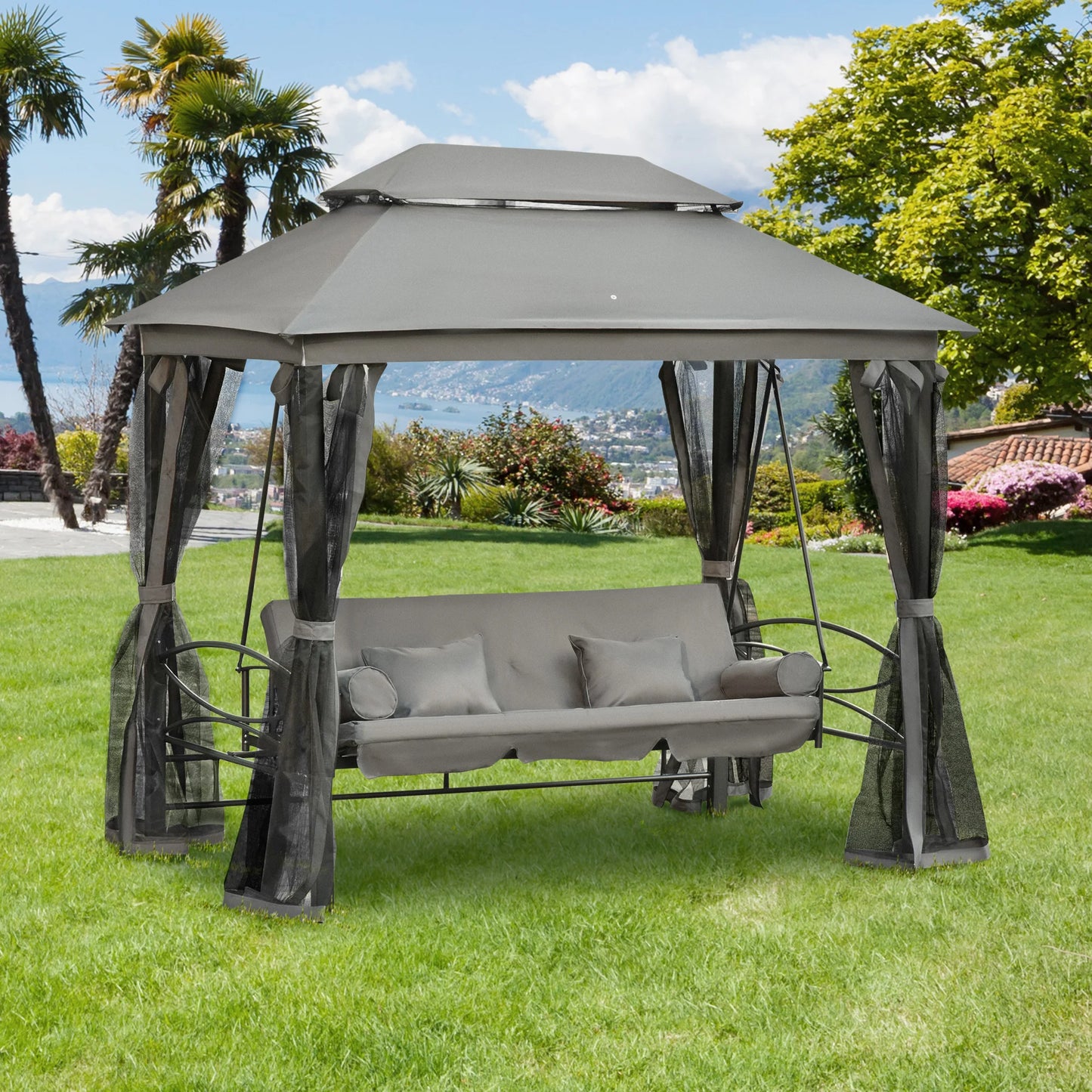 Outsunny 3 Seater Swing Chair 3-in-1 Convertible Garden Swing Seat Bed Gazebo Patio Bench Outdoor with Double Tier Canopy