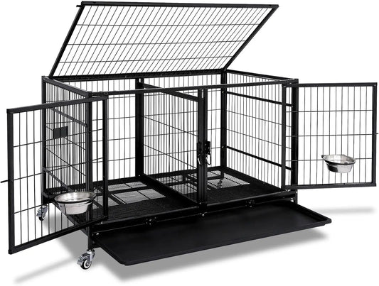 43 Inch Metal Open Top Stackable Heavy Duty Dog Cage Kennel with Three Door, Metal Floor Grid, Tray, Wheels, Divider and Feeding