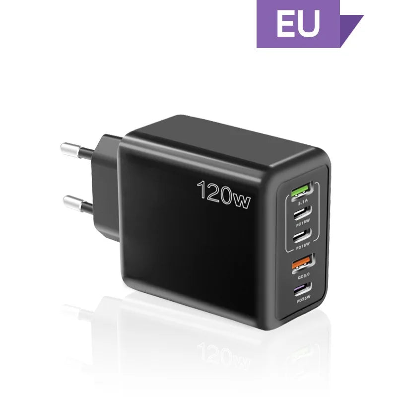 120W 5 in 1 2 USB 3 Type C Quick Charging Fast Wall Charger For iPhone Samsung Xiaomi Huawei Oppo Mobile Phone Adapter