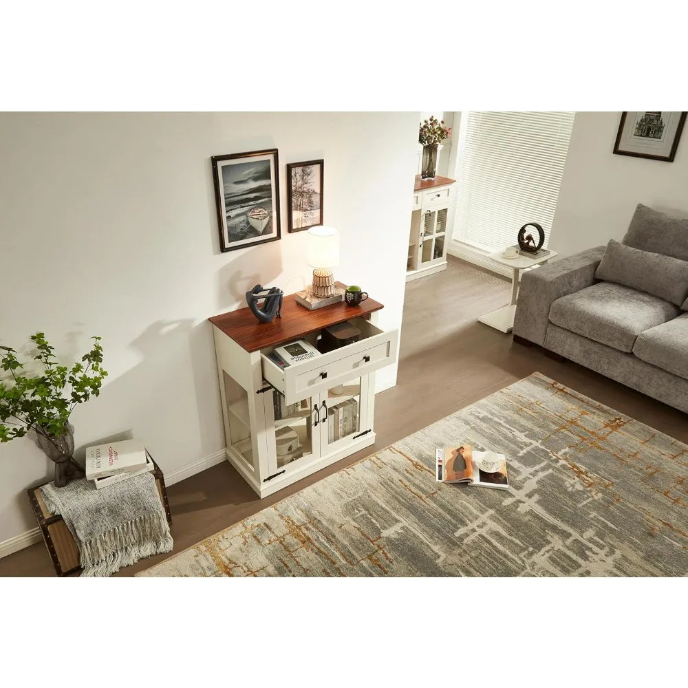 Small Buffet Cabinet with Glass Doors,Wood Coffee bar with Adjustable Shelf,Liquor Cabinet,for Living Room and Dining Room