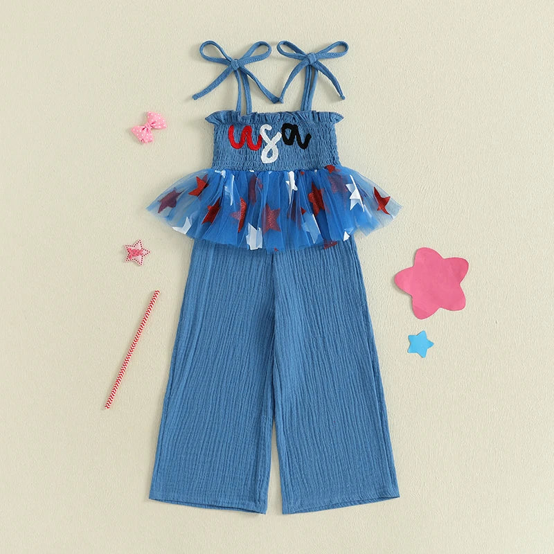 Toddler 4th of July Romper American Flag Print Sleeveless Jumpsuit Baby Independence Day Outfit Patriotic Clothes for Girls