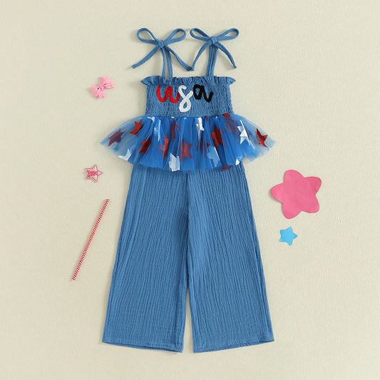 Toddler 4th of July Romper American Flag Print Sleeveless Jumpsuit Baby Independence Day Outfit Patriotic Clothes for Girls