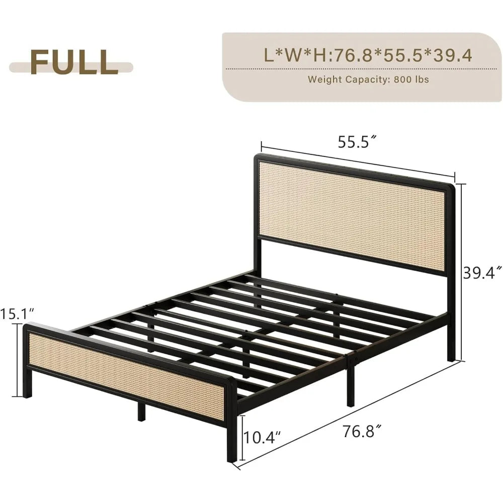 Rattan  Frame Full, Boho Frame with Headboard, Metal Platform Bed Frame, Rattan Beds Frames with Steel Slats Support