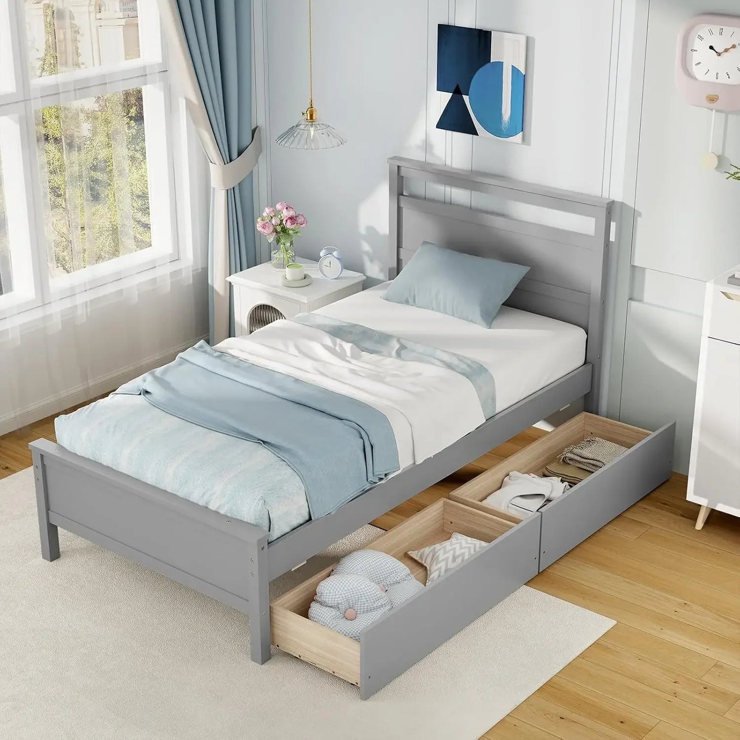 Wood Twin Bed with 2 Storage Drawers, Solid Wood Platform Bed with Headboard, Single Bed Wooden Slats Support