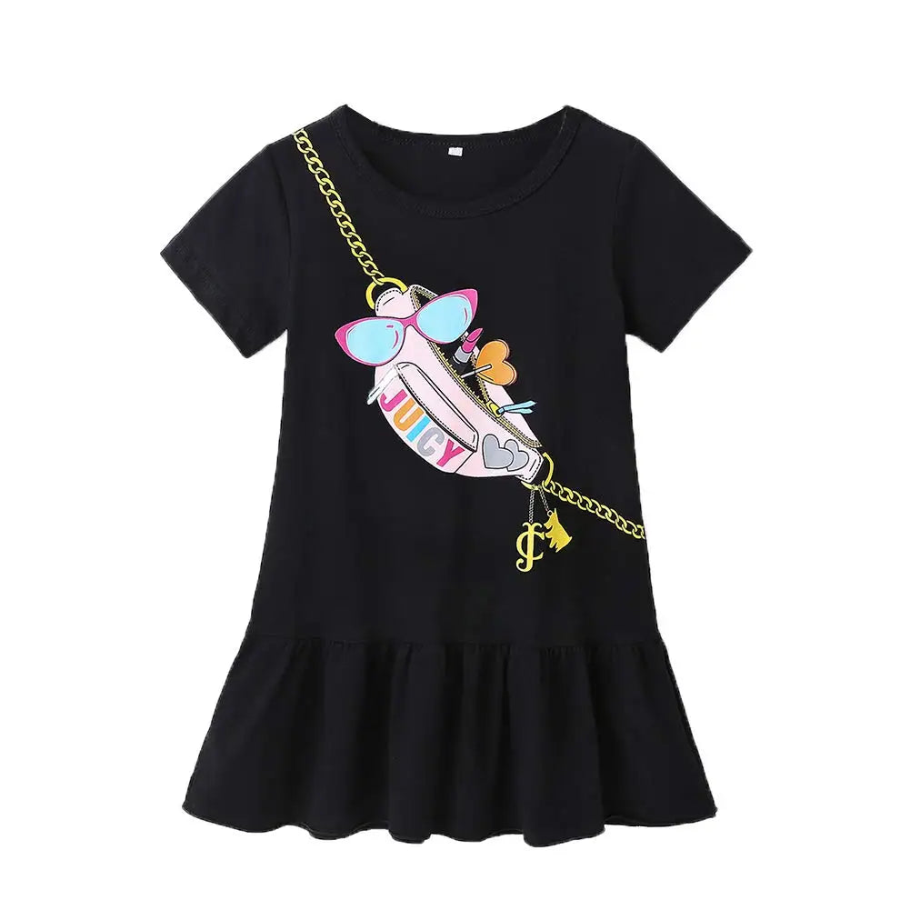 Baby Girl Casual Dress Cotton Short Sleeves Ruffled T-Shirt Dresses with Cute Pattern Black Summer Girl Dress