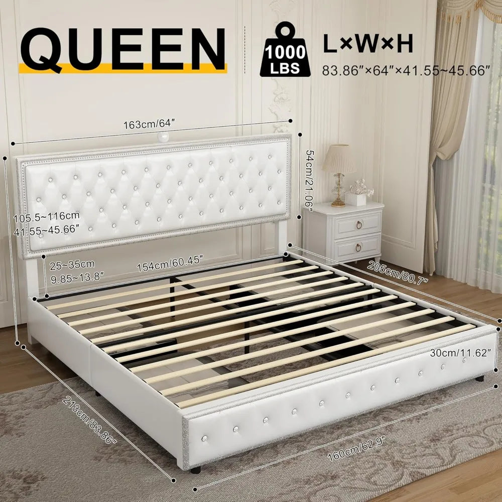 Queen led bed frame with 4 drawers，Galaxy Projector Adjustable Upholstered Headboard Diamond Bed frame with Charger Music Speake