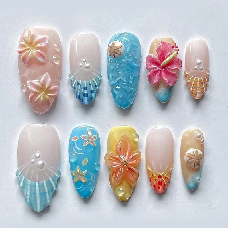 24PCS Blue Gradient French False Nails 3D Flowers Shell with Seastar Diamonds Fake Nails for Women Wearable Almond Nail Manicure
