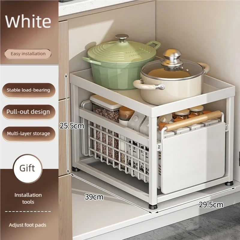 Kitchen Pull-out Basket Shelf Multifunctional Under Sink and Under Vanity Double Storage Shelf Save Space For Storage Items