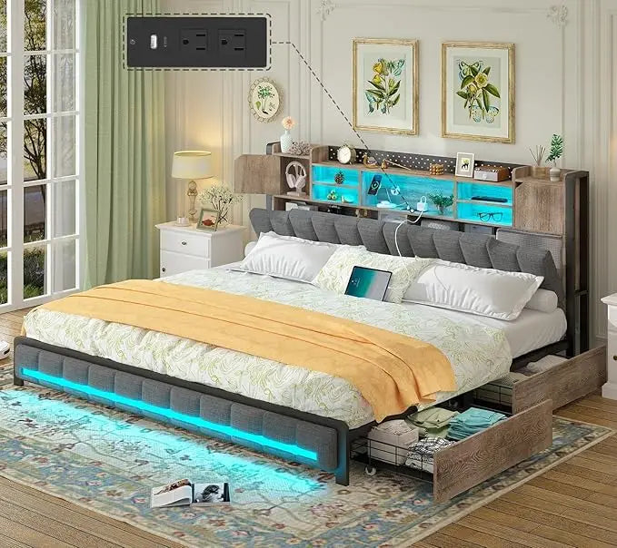Full Bed Frame with 4 Storage Drawers and Bookcase Headboard, USB Charging Station & LED Lights, Upholstered Bed Full Size