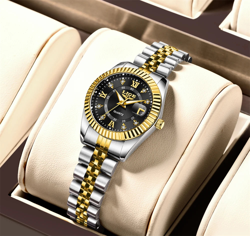 LIGE Fashion Woman Watch Stainless Steel Waterproof Auto Date Elegant Ladies Wristwatch Luxury Original Quartz Watch for Women