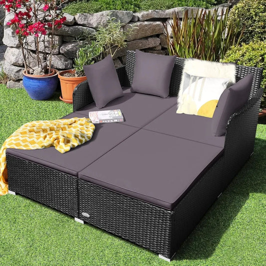 Outdoor Rattan Daybed, Patio Sofa Bed Sun Lounger Couch, Wicker Weave Loveseat Conversation Furniture Set, Deck Chair